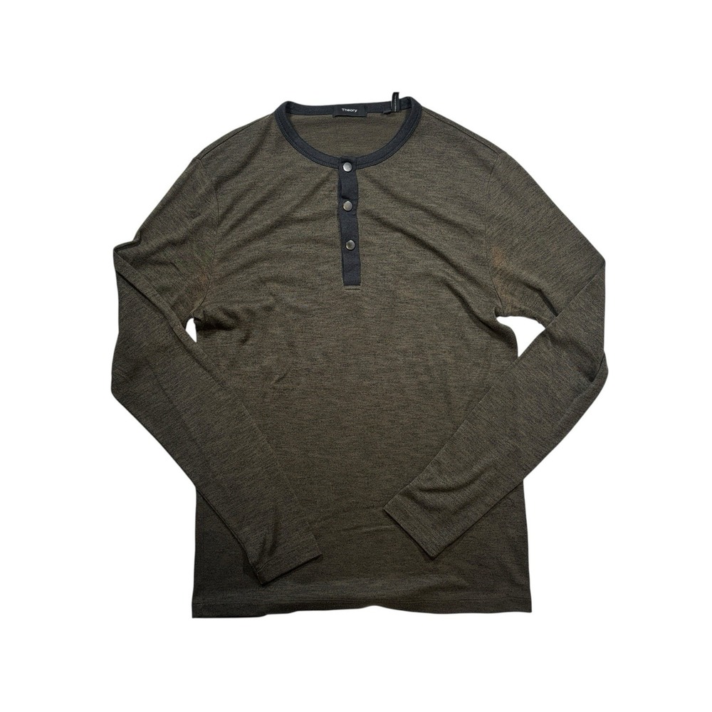 Theory Shirt Mens Long Sleeve Contrast Henley‎ Snap Green Small